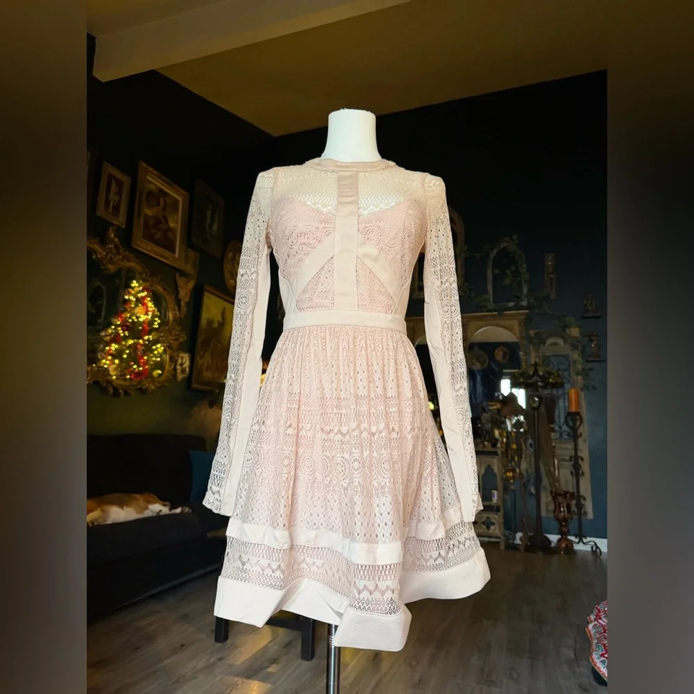 Bebe Dress – Women’s 0 – Light Pink Lace Block Y2K Vintage –Long Sleeve – Lined - Picture 11 of 12